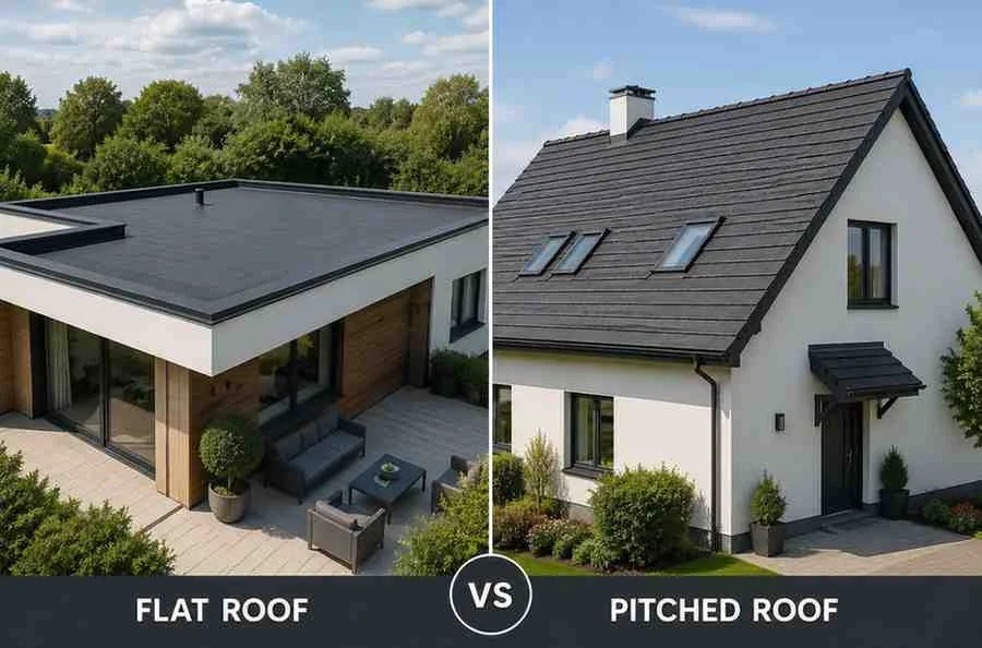 Flat and Pitched Roof comparison showing a modern flat roof extension on the left and a traditional pitched roof house on the right
