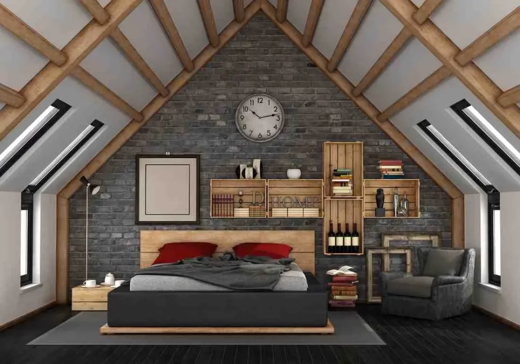 How Long Does a Loft Conversion Take – completed loft conversion featuring a modern attic bedroom with exposed wooden beams, skylight windows, and contemporary interior design