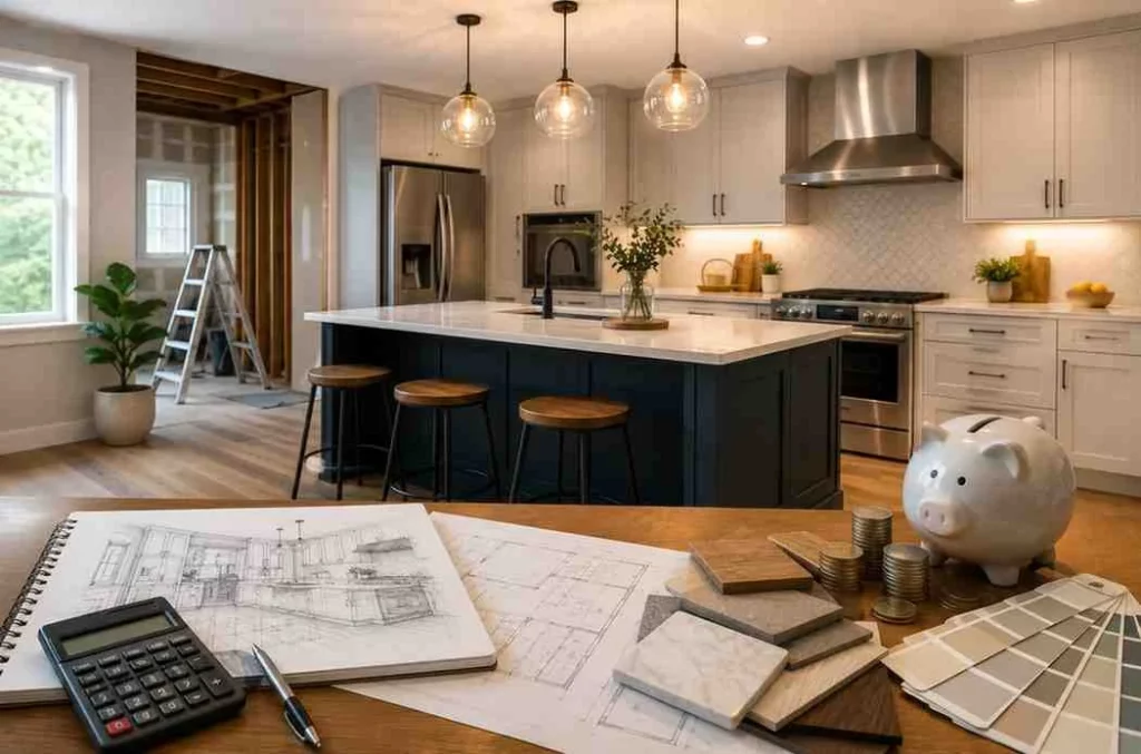 Modern kitchen renovation featuring a large island, new cabinetry, stainless steel appliances, renovation plans, calculator, material samples, and a piggy bank representing kitchen renovation costs and budgeting.