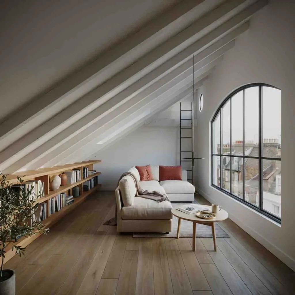Mansard loft conversion living room with sloped beam ceiling, arched window, and wood flooring
