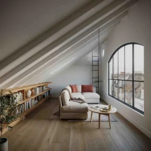 Mansard loft conversion living room with sloped beam ceiling, arched window, and wood flooring