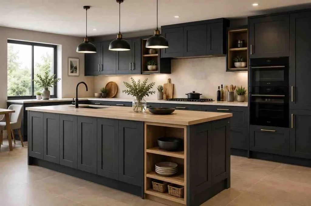 How Much Does a Howdens Kitchen Cost – modern Howdens-style fitted kitchen with dark shaker cabinets, kitchen island, integrated appliances, and premium finishes.