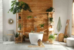 Biophilic Bathroom Design featuring a freestanding bathtub, natural wood wall panels, indoor plants, open shelving, and organic décor for a calming spa-inspired bathroom.
