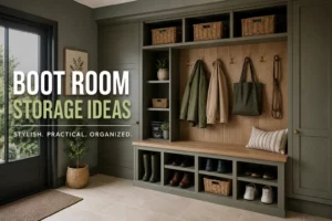 Boot room storage ideas with built-in bench seating, coat hooks, open shelving, wicker baskets, shoe cubbies, and practical hallway storage for an organised family entrance.