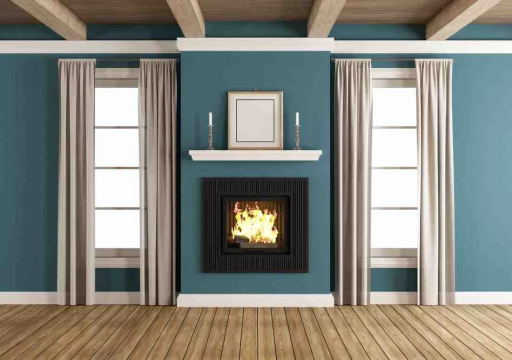 Framing a fireplace in a modern living room with a wood mantel, feature wall and contemporary fireplace surround during a home renovation project.