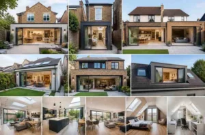 House Extension Types featuring modern rear extension, side return extension, wraparound extension, single-storey extension, double-storey extension, and loft conversion designs for residential homes.