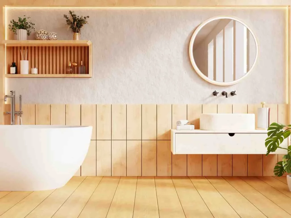 How long does a bathroom renovation take? A modern bathroom renovation featuring a freestanding bathtub, floating vanity, round mirror, wooden wall panels, and contemporary fixtures after project completion.
