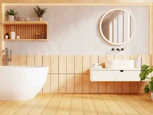 How long does a bathroom renovation take? A modern bathroom renovation featuring a freestanding bathtub, floating vanity, round mirror, wooden wall panels, and contemporary fixtures after project completion.