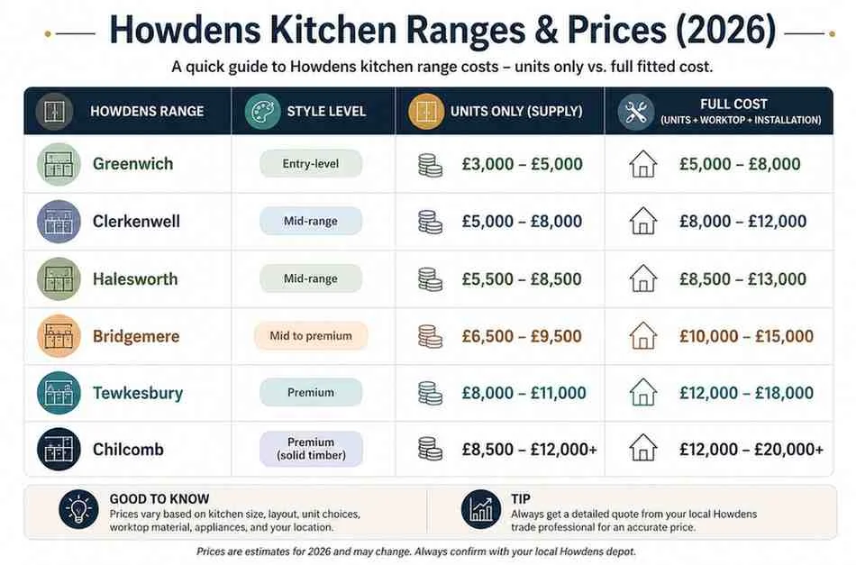Howdens kitchen cost by range 2026 UK estimates showing supply-only and full fitted prices