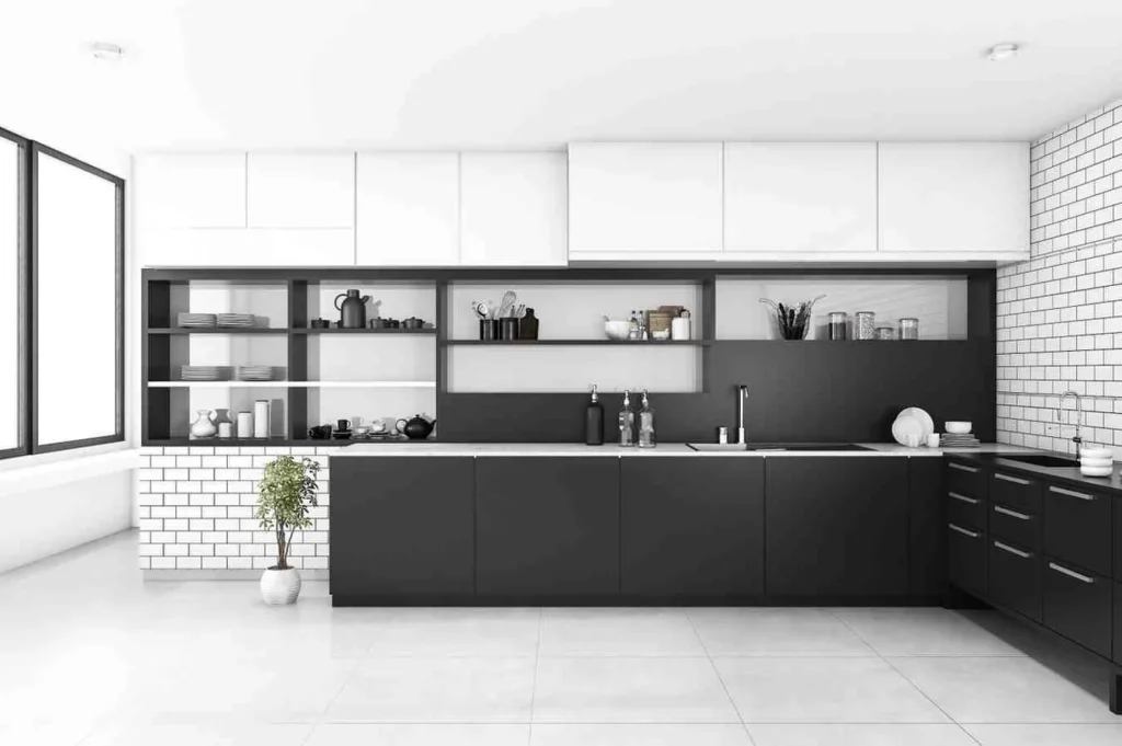 Modern black and white L Shaped kitchen ideas with open shelving and subway tile