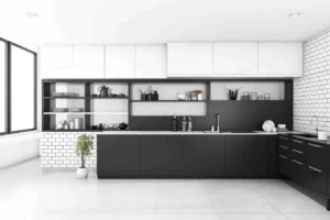 Modern black and white L Shaped kitchen ideas with open shelving and subway tile
