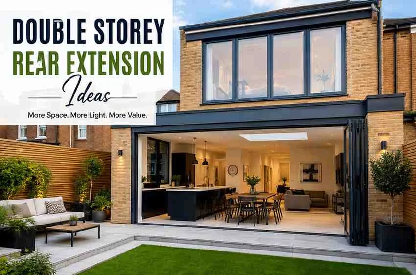 Double Storey Rear Extension Ideas. Modern double storey rear extension with large glazed windows and open-plan kitchen diner