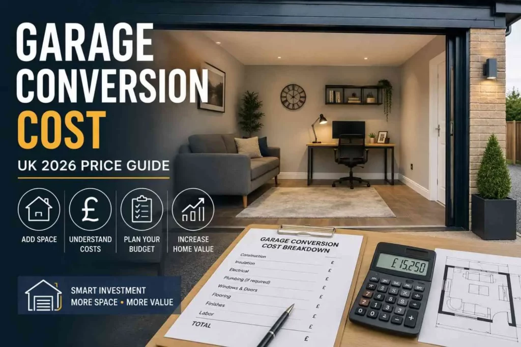Garage conversion cost UK 2026 price guide showing a converted garage, cost breakdown, calculator, and floor plan