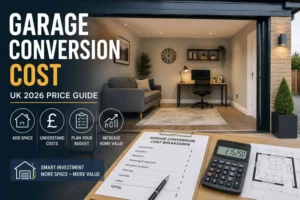 Garage conversion cost UK 2026 price guide showing a converted garage, cost breakdown, calculator, and floor plan