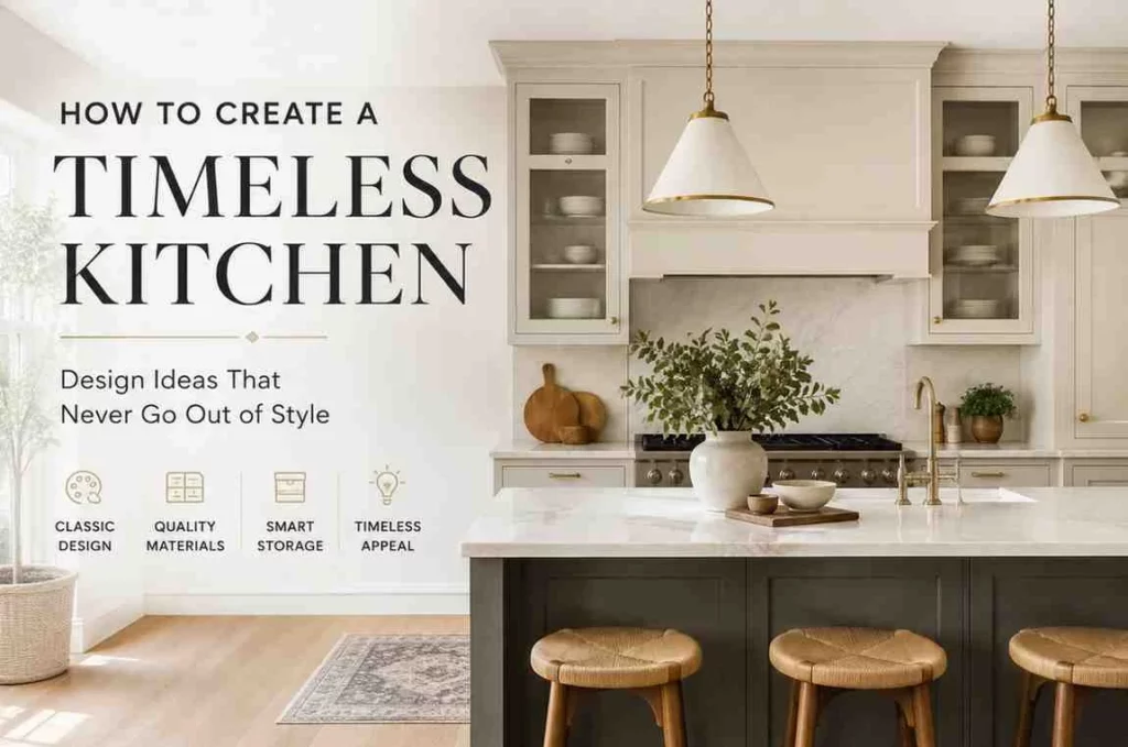 How to create a timeless kitchen with white shaker cabinets, neutral colours, quartz worktops, brass fixtures, and classic kitchen design ideas that never go out of style.