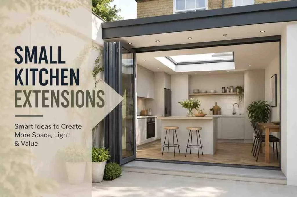 Small Kitchen Extensions – modern open-plan kitchen extension with a rooflight, kitchen island, and bi-fold doors designed to maximise space and natural light.