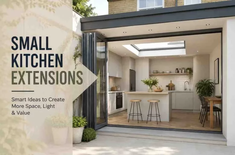Small Kitchen Extensions – modern open-plan kitchen extension with a rooflight, kitchen island, and bi-fold doors designed to maximise space and natural light.