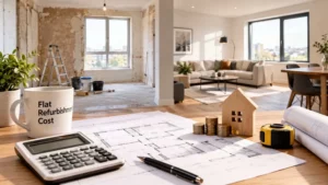 Flat refurbishment cost planning with renovation floor plans, calculator and modernised apartment.